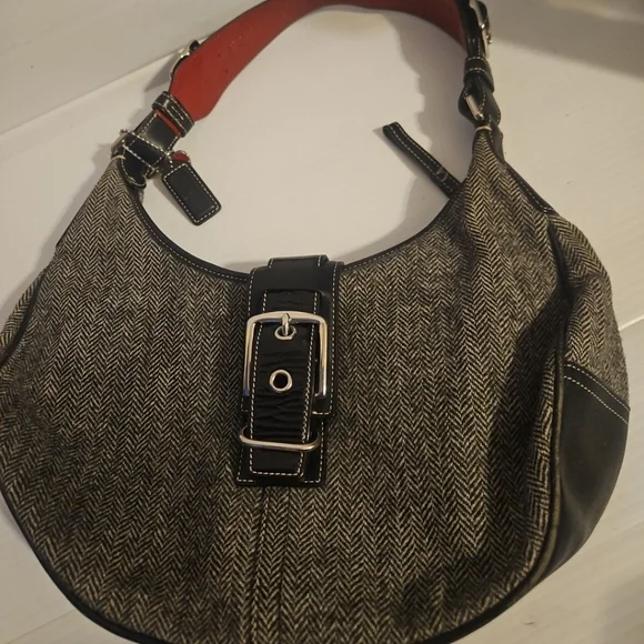 COACH G04J-1407 Vintage Black & Gray Herringbone Tweed Leather  Hobo Handbag 2YK - Picture 4 of 16